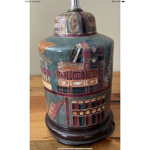 Library Book Desk Lamp Vintage Ornately Etched Ceramic, Wood Base **Tested 19”H - Picture 4 of 7